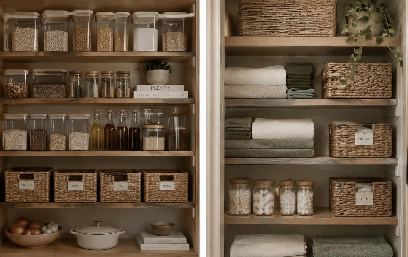 Carefully arranged pantry containers and linen storage
